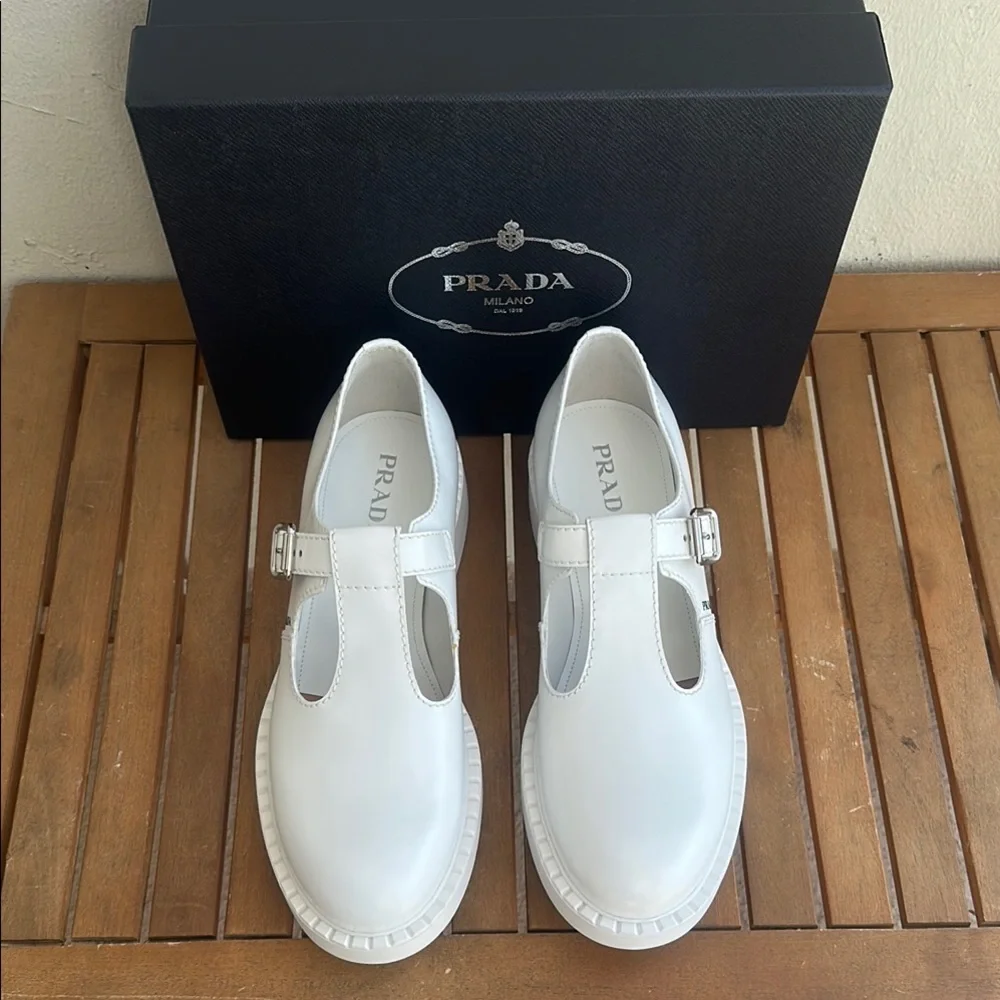 New Authentic Prada Men’s Chocolate Bar T-Strap Shoes – White – Size 13 – NWT